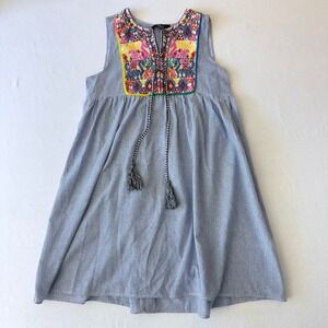 Kate C. Blue Seersucker Striped Embroidered‎ Tassel Mini Dress Small